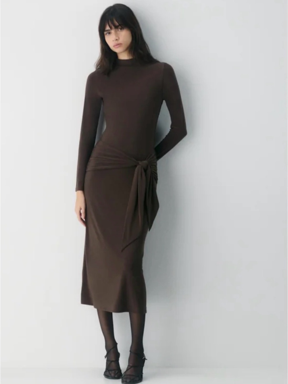 Aritzia Brown Long-Sleeve Tie-Detail Midi Dress
